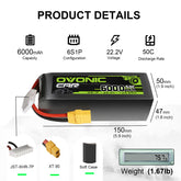 OVONIC 6S Lipo-Akku 6000mAh 6S1P 50C 22,2V RC Lipo-Akku mit XT90-Stecker für FPV-Drohne RC-Flugzeug Quadcopter Hubschrauber-LKW